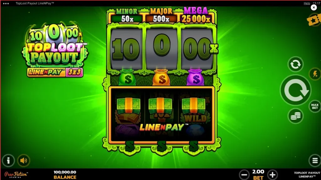TopLoot Payout LineNPay سلاٹ گیم کا ایک منظر جس میں سنہری خزانے اور ہیرے دکھائی دے رہے ہیں۔